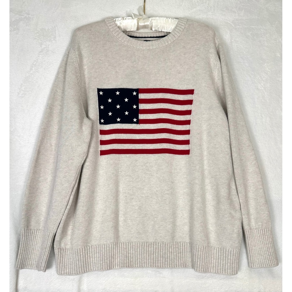 Lands' End Drifter Sweater Womens 1X Plus American Flag Fisherman Cotton Oatmeal